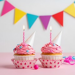 Pink Cupcakes with Candles and Party Decorations