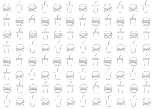 seamless burger and drink pattern illustration with grey outline and white background, food packaging, menu illustration