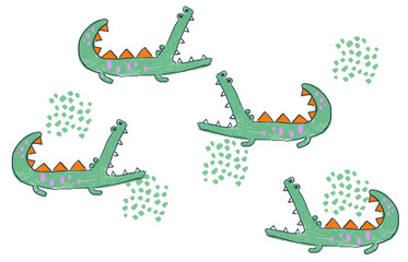Fototapeta premium Cute Hand-Drawn Crocodile Pattern: Whimsical Green Alligator Illustration with Textured Crayon Style