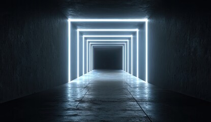 Fototapeta premium A dark hallway with neon light squares leading into the darkness. Concrete texture