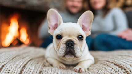 A cute fawn French Bulldog puppy lies on a cozy knitted blanket near a warm fireplace and blurred owners