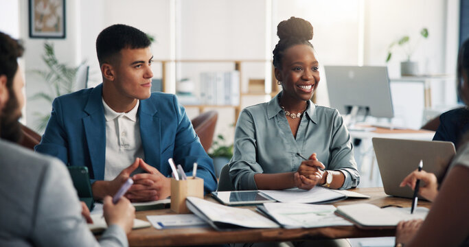 Meeting, job interview and business people in office for recruitment, vacancy or hiring opportunity. Happy, discussion and hr managers with candidates for resume with onboarding process in workplace