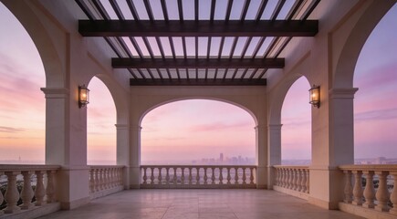 Obraz premium Elegant arched balcony with a stunning sunset sky view over the ocean.