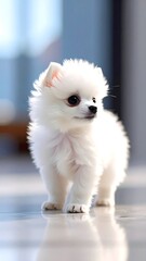 Fototapeta premium A small white puppy with fluffy fur standing on a shiny floor