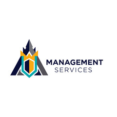Modern Geometric Logo for Management Services featuring a Crowned Shield over a Mountain/Castle Silhouette