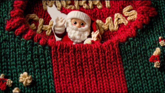 Whimsical Motion of Miniature Santa Claus Emerging and Greeting from Torn Knitted Merry Christmas Embroidery