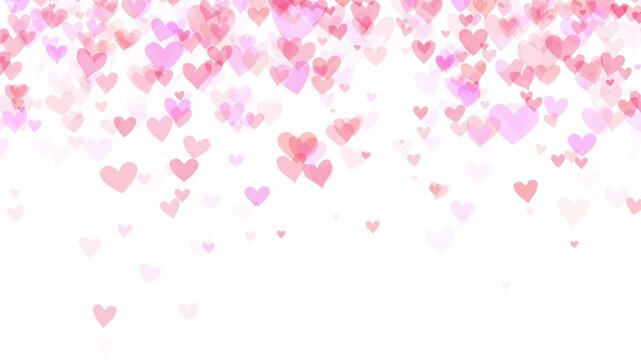 Pink and red hearts falling on white background for Valentine's day. Heart particles raining down for a romantic theme celebrating love, passion, or for a Valentines day background.