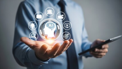 Businessman presenting artificial intelligence concept with holographic icons floating above his hand.