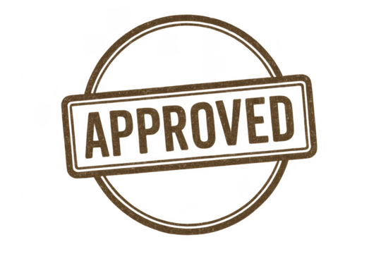 Grungy rubber stamp showing approved brown message - Powered by Adobe