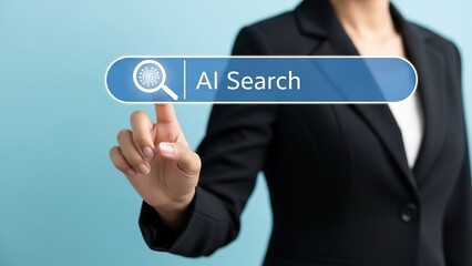 A businesswoman's hand points to a digital search bar displaying "AI Search" on a blue background.