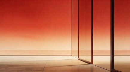 Minimalist red and orange gradient background with vertical lines and shadows on a light floor.