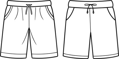 Drawstring Shorts Fashion Flat Technical Sketch, Jersey or Fleece Shorts CAD Vector Template, Apparel Design Mockup for Loungewear and Streetwear Production. © Khaleda Creative