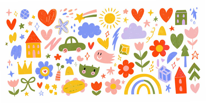 Colorful children s illustration featuring hearts sun rainbow and playful whimsical elements