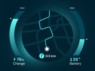 Electric Vehicle(EV) Dashboard User Interface with Map navigation Panel search availability EV charging station and show battery percentage automobile technology vector illustration design concept.