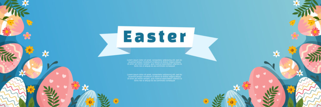 happy easter banner with colorful painted eggs and white ribbon on blue