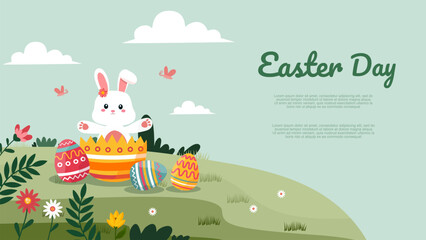 Fototapeta premium cute bunny inside egg on green field for happy easter day banner