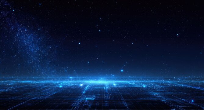 A digital visualization of a technological horizon set against a dark, starry cosmos