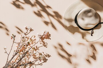 Spring accessories including a stylish straw hat and delicate cherry blossom branches arranged neatly on a clean surface, showcasing seasonal beauty and inviting ambiance with copy space