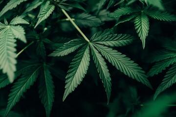 Cannabis plants captured in mid shot showcasing vibrant green leaves and branches, emphasizing the lush growth and natural beauty of the botanical environment