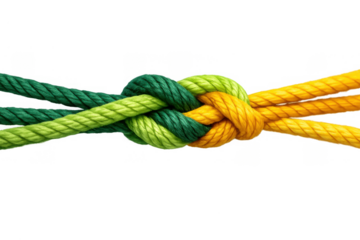 Three colorful ropes tying a strong knot, symbolizing unity, connection, teamwork, partnership, and collaboration on transparent background