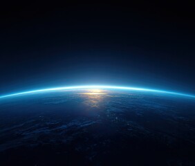 Fototapeta premium Orbital view showing blue planet curvature, atmospheric glow, and sunrise