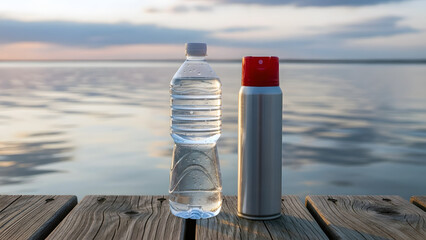 A bottle of water and a bottle of spray on a wooden pier by the calm water