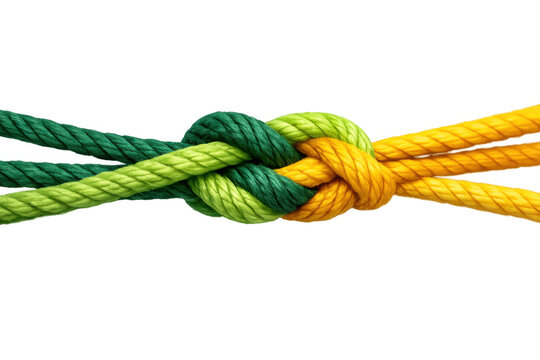 Three colorful ropes tying a strong knot, symbolizing unity, connection, teamwork, partnership, and collaboration on transparent background