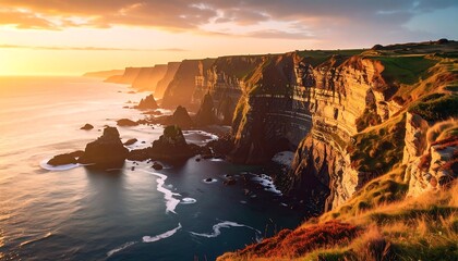 A coastal scene at sunset reveals imposing cliffs meeting the ocean. The sky is ablaze with golden hues, casting long shadows
