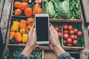 Hands holding smartphone near vibrant market produce, showcasing fresh fruits and vegetables, emphasizing mobile payment options in a lively shopping environment