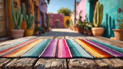 Color Palette on a Wooden Table: A colorful rug is carefully placed on an antique wooden table with the vibrant colors against a blurred background.