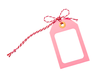 Pink gift tag with twine bow isolated on transparent background