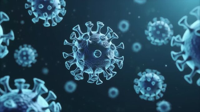 Rotating 3D virus cells in blue tones, medical animation representing health research and infection.