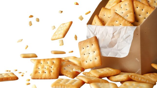 Crunchy crackers spilling out of a brown cardboard box on white background