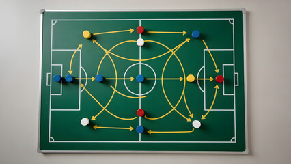 Soccer tactics board with magnets and strategy lines, copy space