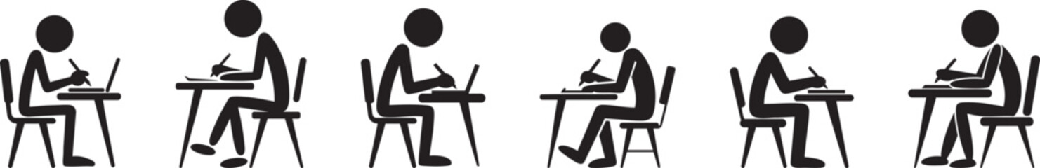 Obraz premium Student Studying at Desk Cartoon Silhouette Set – School Classroom Learning Concept