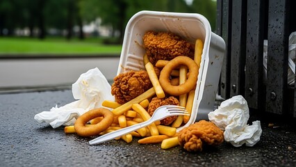 Discarded fast food spilling out of container near a trash can