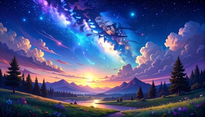 Fantasy Mountain Landscape with Aurora Sky and Cosmic Light at Sunset