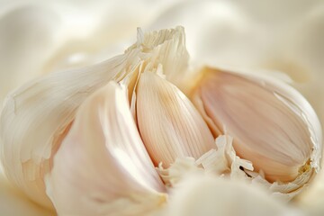 Garlic cloves with fine organic texture displayed on a soft background, showcasing their natural beauty and culinary potential in a vibrant setting