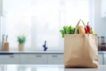 Grocery bag filled with fresh vegetables and fruits placed on a kitchen counter, showcasing healthy food choices and vibrant colors in a modern kitchen setting