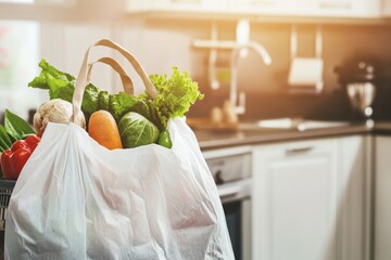 Grocery bag filled with fresh vegetables and fruits placed on a kitchen counter, showcasing healthy food choices and vibrant colors in a modern kitchen setting