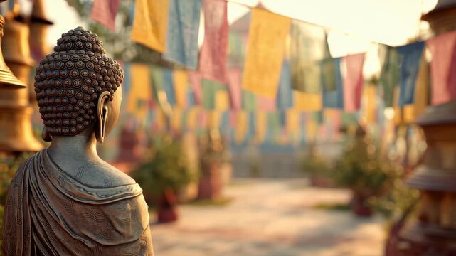 Serene Buddha Statue at Buddhist Temple During Vesak Festival with Colorful Prayer Flags and Warm Sunset Light