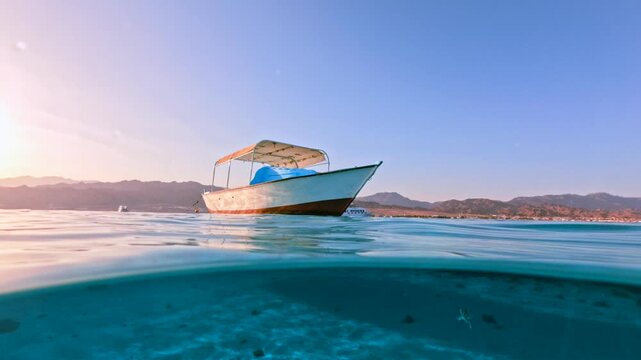 Half Underwater View of Fishing Boat Anchored in Clear Transparent blue sea Water With Small in the deep