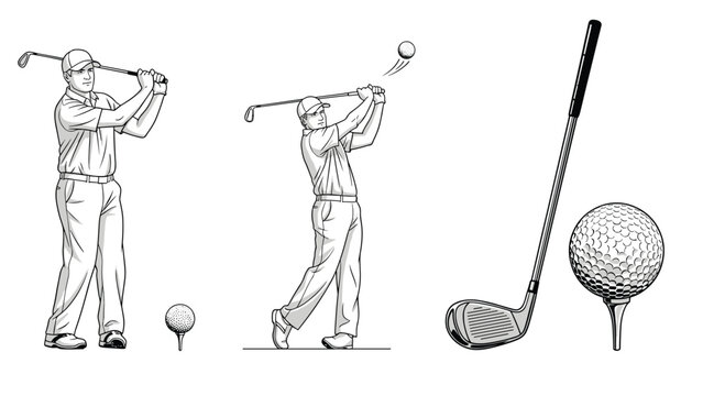 Set of golf themed illustrations features a male golfer in mid swing, a ball on a tee, and a close up of a golf club and ball.