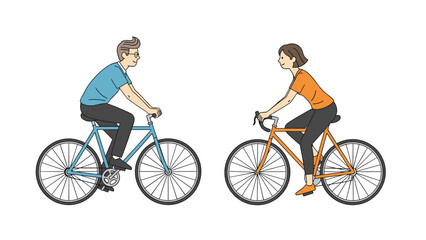 Obraz premium Simple flat illustration of a man and a woman riding their bicycles toward each other against a clean white background for lifestyle.