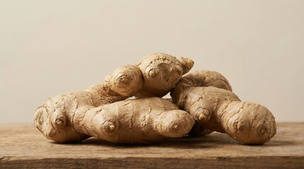 Fototapeta premium Fresh ginger root displayed on wooden surface