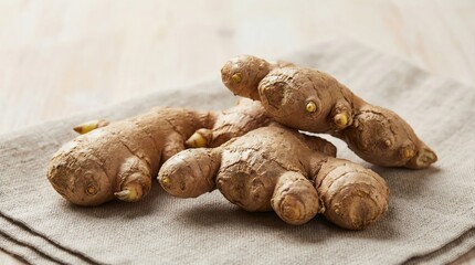 Fresh ginger root on cloth