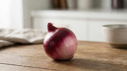 Single red onion on wooden table