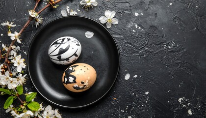 Overhead shot of two decorated Easter eggs on a black plate with blossoms, over a textured dark surface
