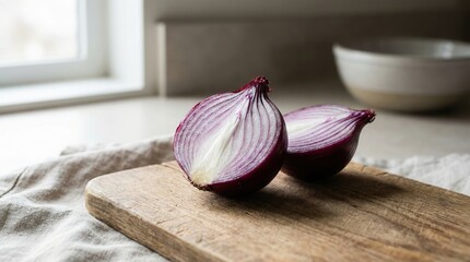 Sliced red onion on wooden board