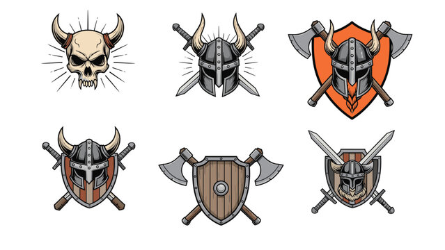 Selection of six viking themed emblems and logos featuring skulls, horned helmets, crossed swords, and axes on heraldic shields.